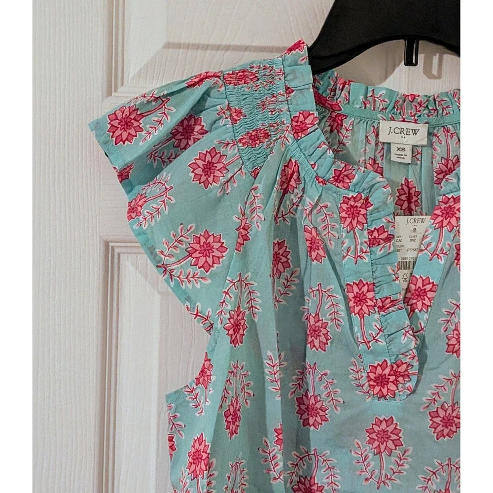 J. Crew Aqua Pink Floral Smocked‎ Flutter Sleeve V-Neck Blouse Top XS NWT $80